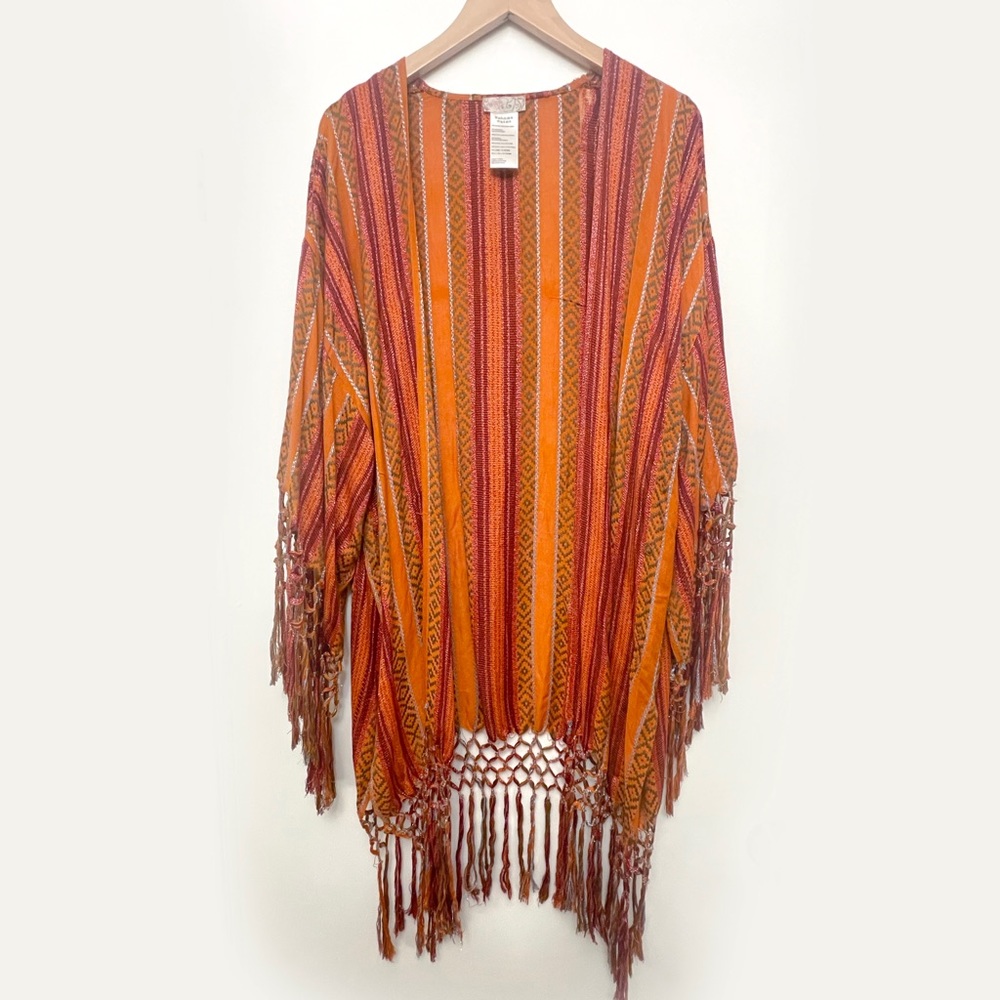 Free People Orange/Red Fringe Kimono - One Size